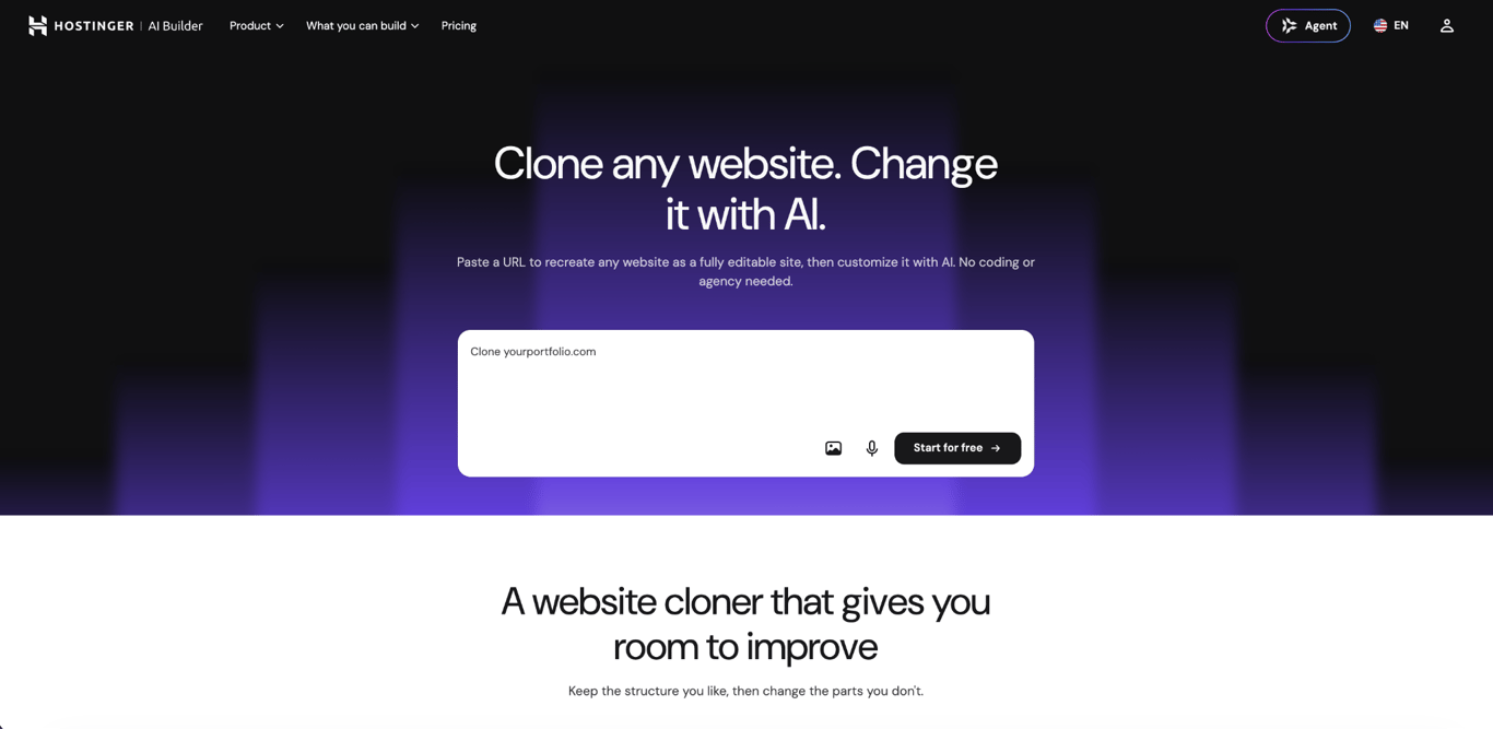 Hostinger AI Website Cloner landing page
