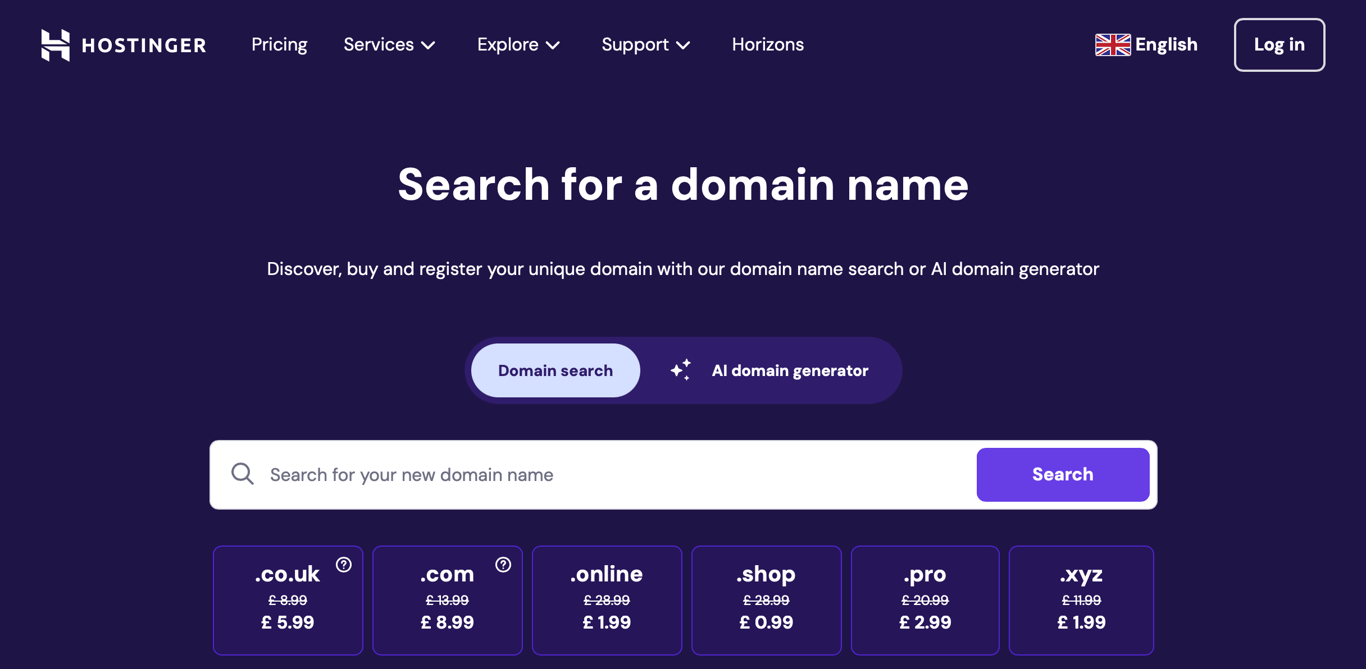 A screenshot of the domain search feature on Hostinger, which can be used to find a great domain name.