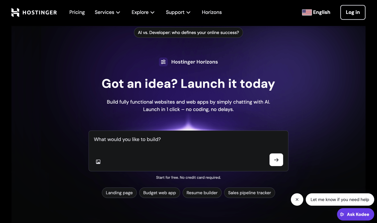 A screenshot of Hostinger Horizons, which is an example of an AI-powered website and app development tool.