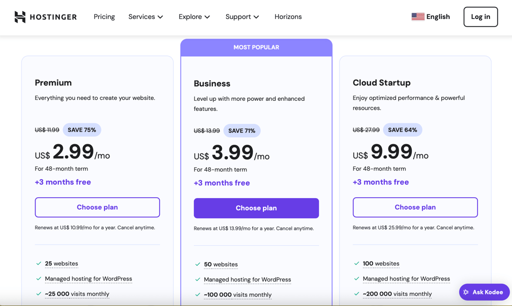 A screenshot of the sign up page for Hostinger’s managed WordPress hosting services, showing the different subscription tiers available.
