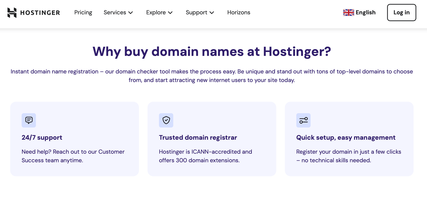 A screenshot of Hostinger's credentials and features, including ICANN accreditation and 24/7 support.