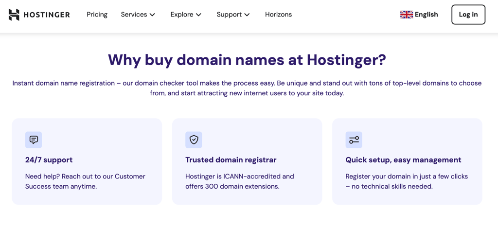 A screenshot of Hostinger's credentials and features, including ICANN accreditation and 24/7 support.