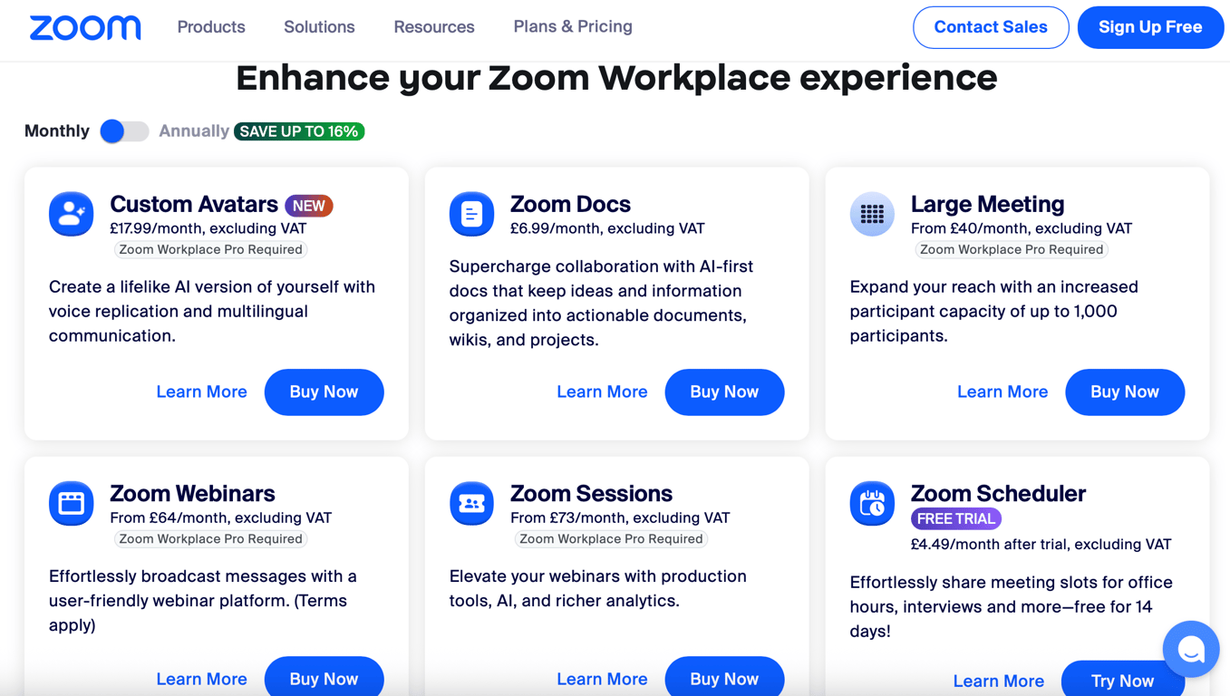 An image of the Zoom pricing page, where optional features can be paid for and added to the service.