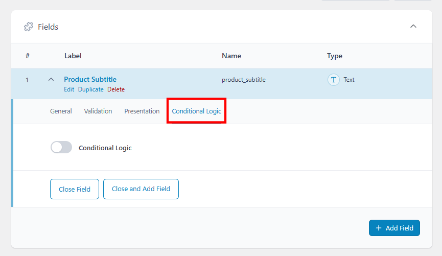 ACF Field Groups with the Conditional Logic tab highlighted