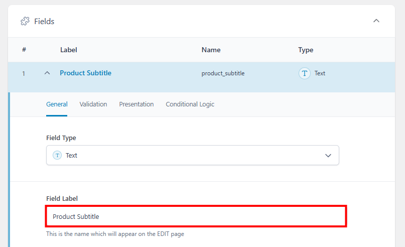 ACF Field Group editor with the Field Label highlighted