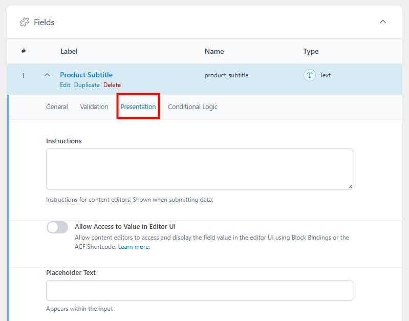 ACF Field Group with the Presentation tab highlighted