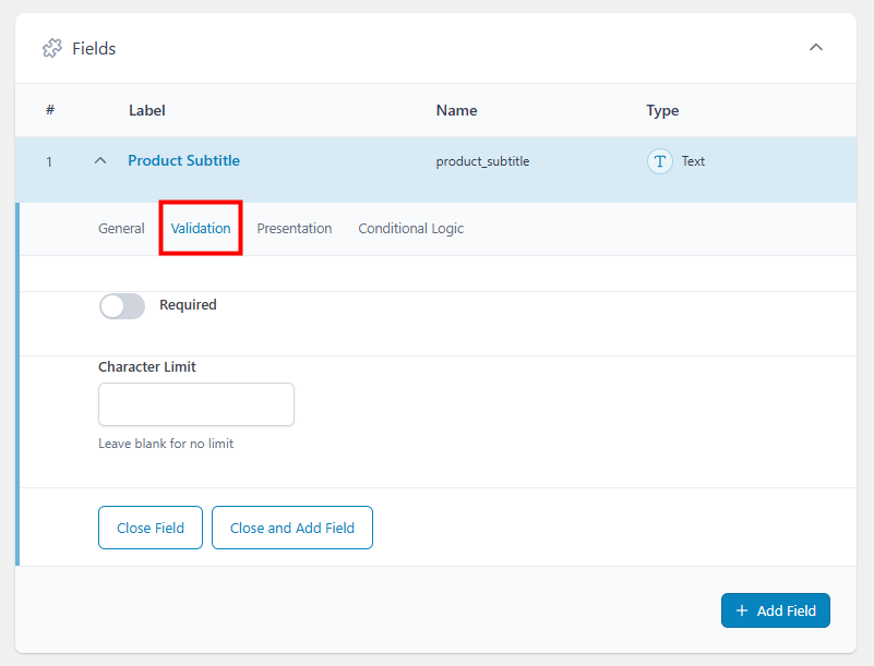 ACF Field Group with the Validation tab highlighted