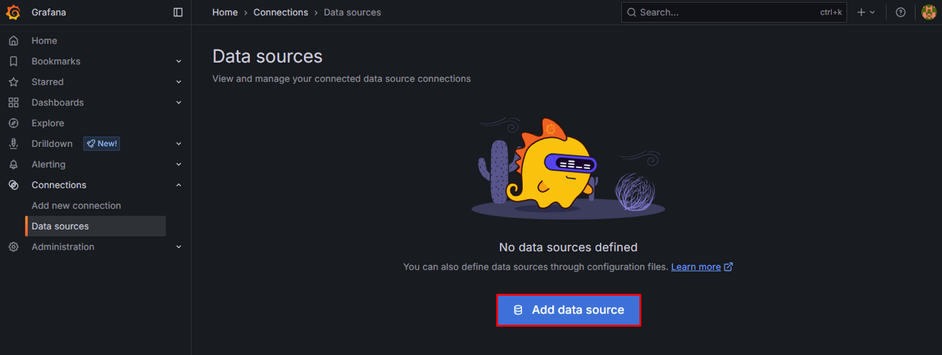 Adding a new data source in Grafana.