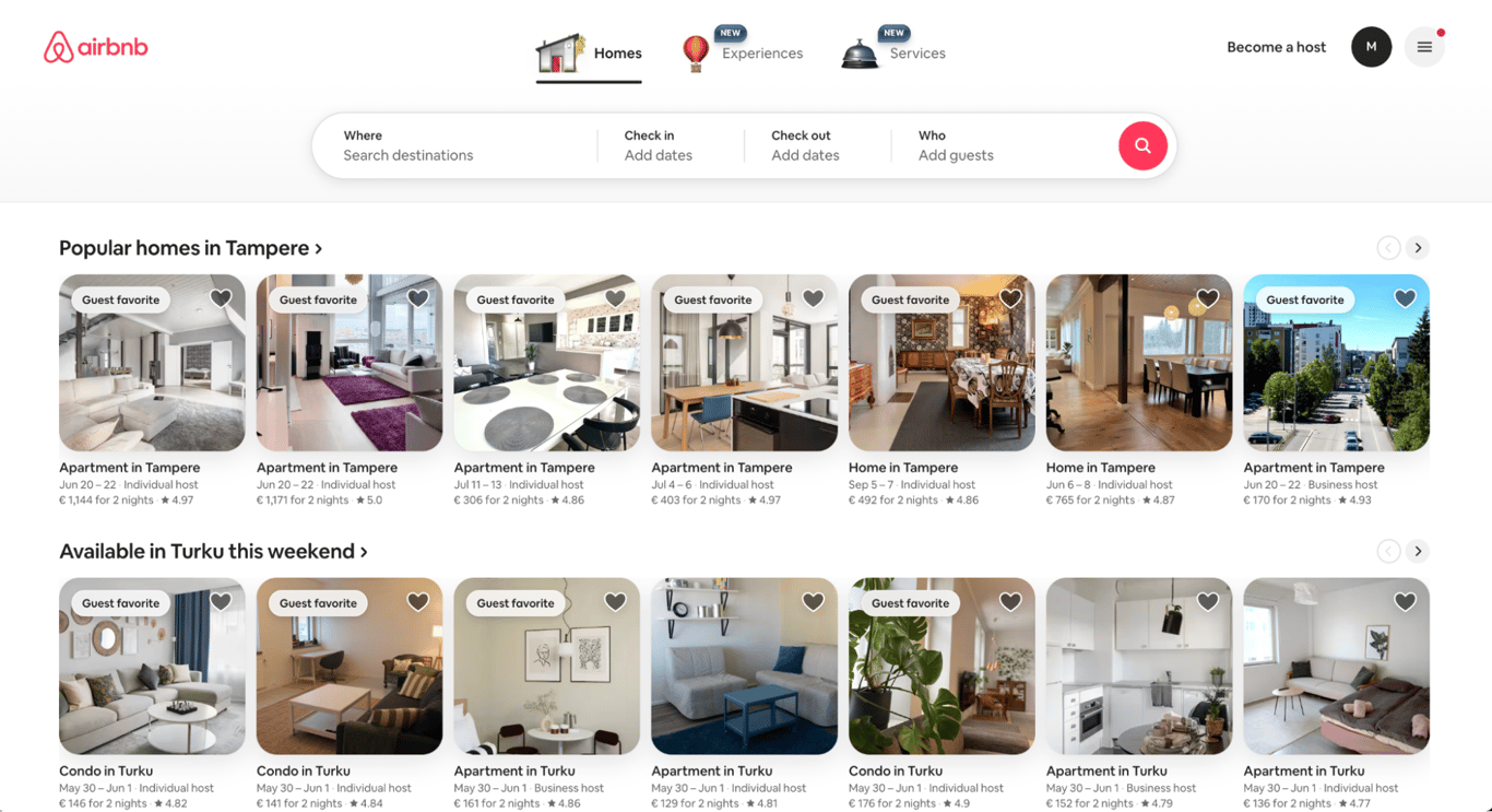 Airbnb homepage