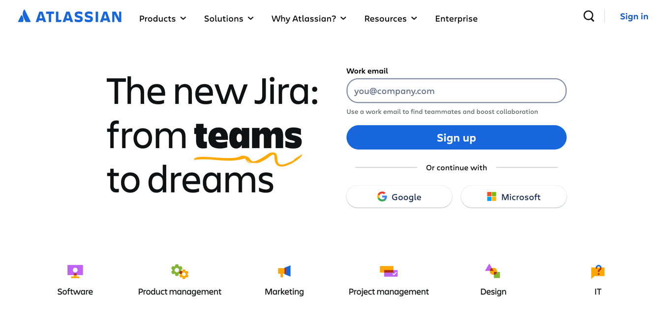 Homepage of Atlassian
