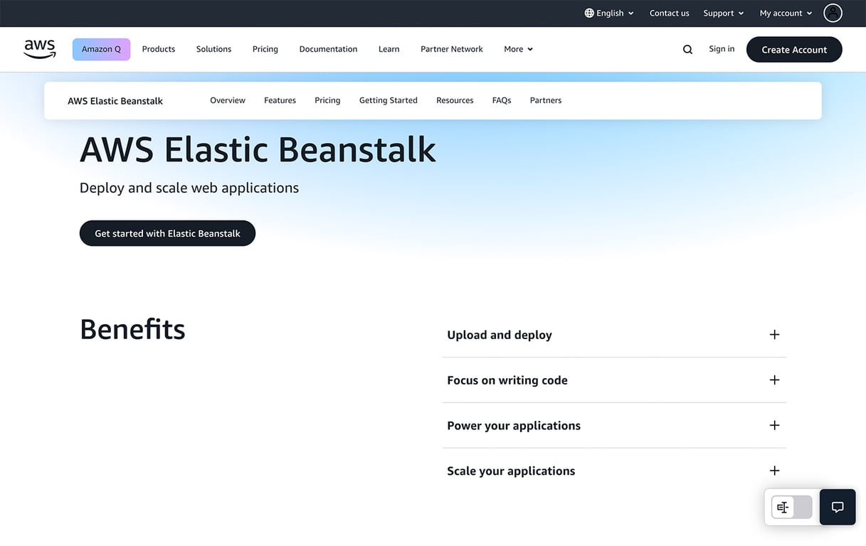 AWS Elastic Beanstalk homepage with the headline &ldquo;Deploy and scale web applications,&rdquo; a button to get started, and a benefits section listing features