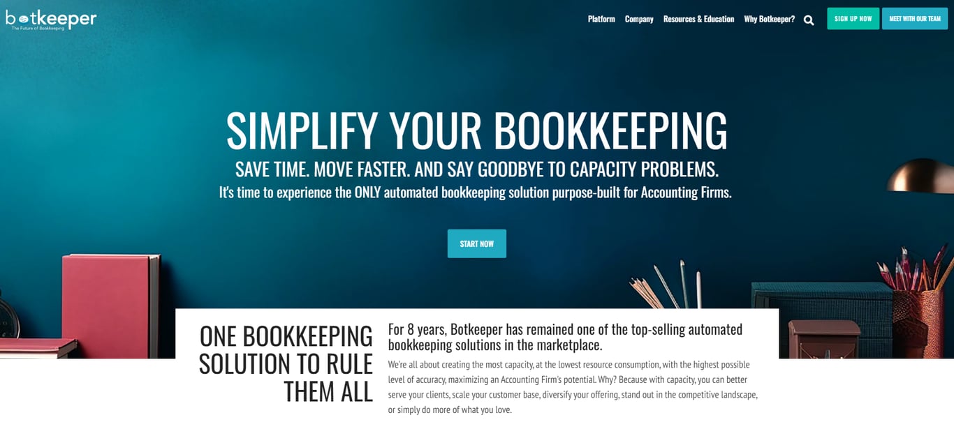A website banner for Botkeeper, promoting automated bookkeeping solutions for accounting firms with a modern blue background and text highlights.