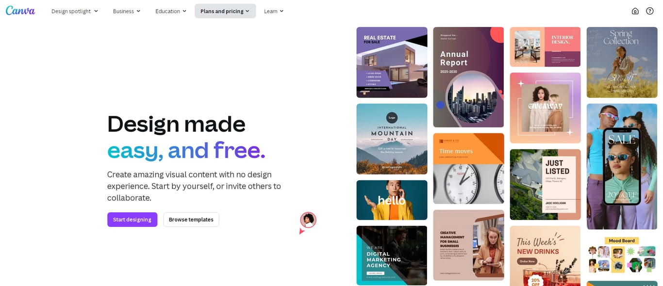 Canva homepage showcasing design options, templates, and an invitation to start creating visual content easily and for free.