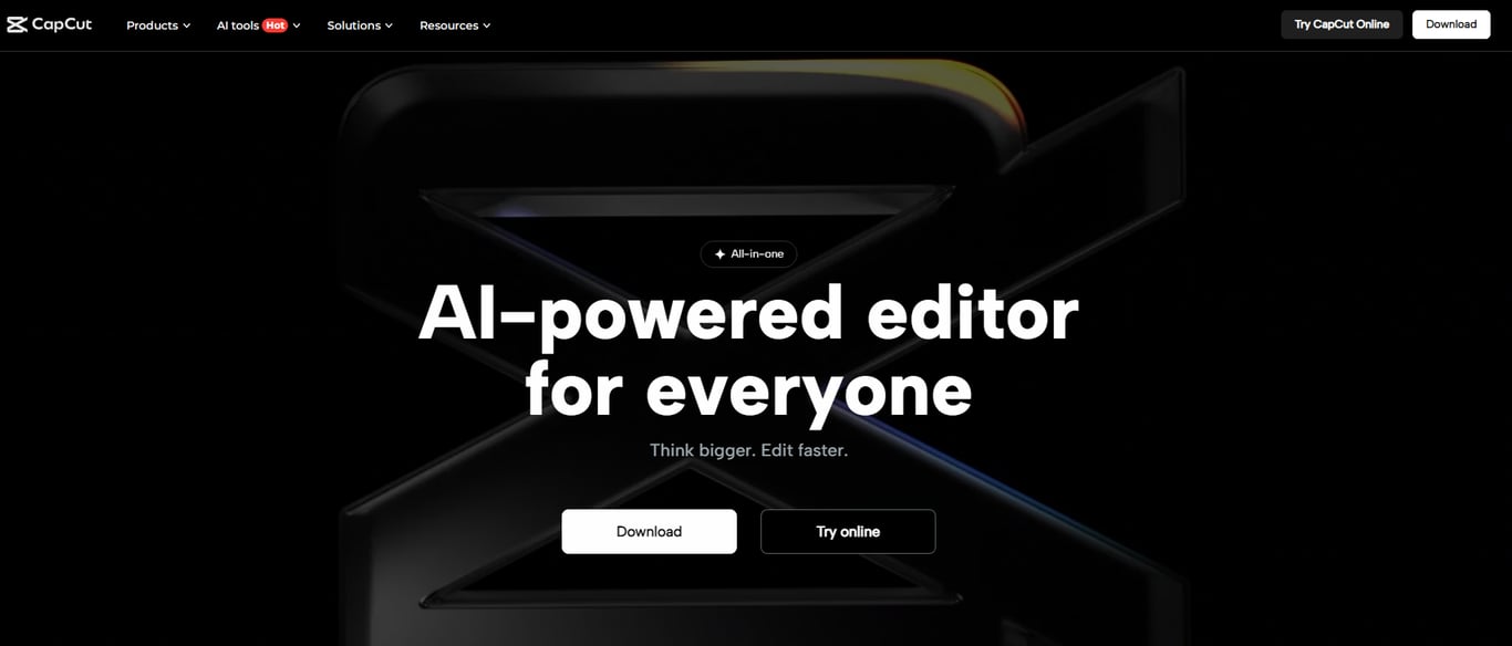 CapCut homepage showcasing an AI-powered video editor with a call to action: "Download" and "Try online" against a dark background.