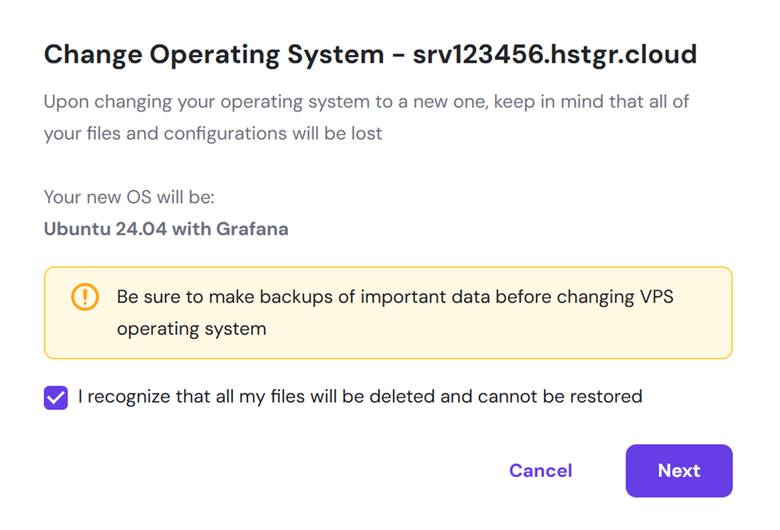 Pop-up window that displays an acknowledgement request regarding operating system change, which warns the user of data loss on their VPS if they proceed with the operation.