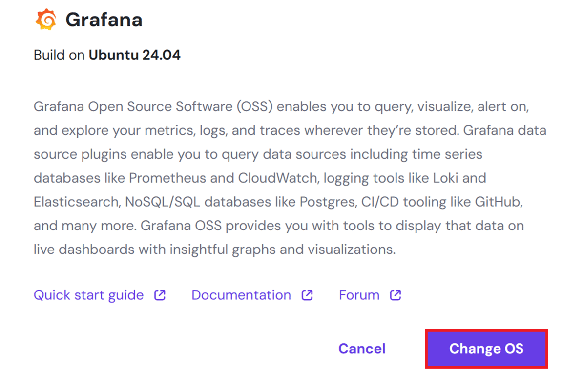 Pop-up window displaying information about the Grafana application that's bundled in this VPS template with the Change OS button highlighted.