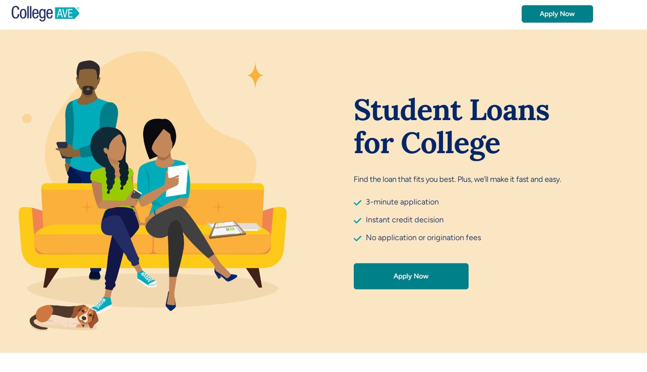 A diverse group of individuals explores student loan options on a couch, with a dog resting nearby and promotional text on the side.