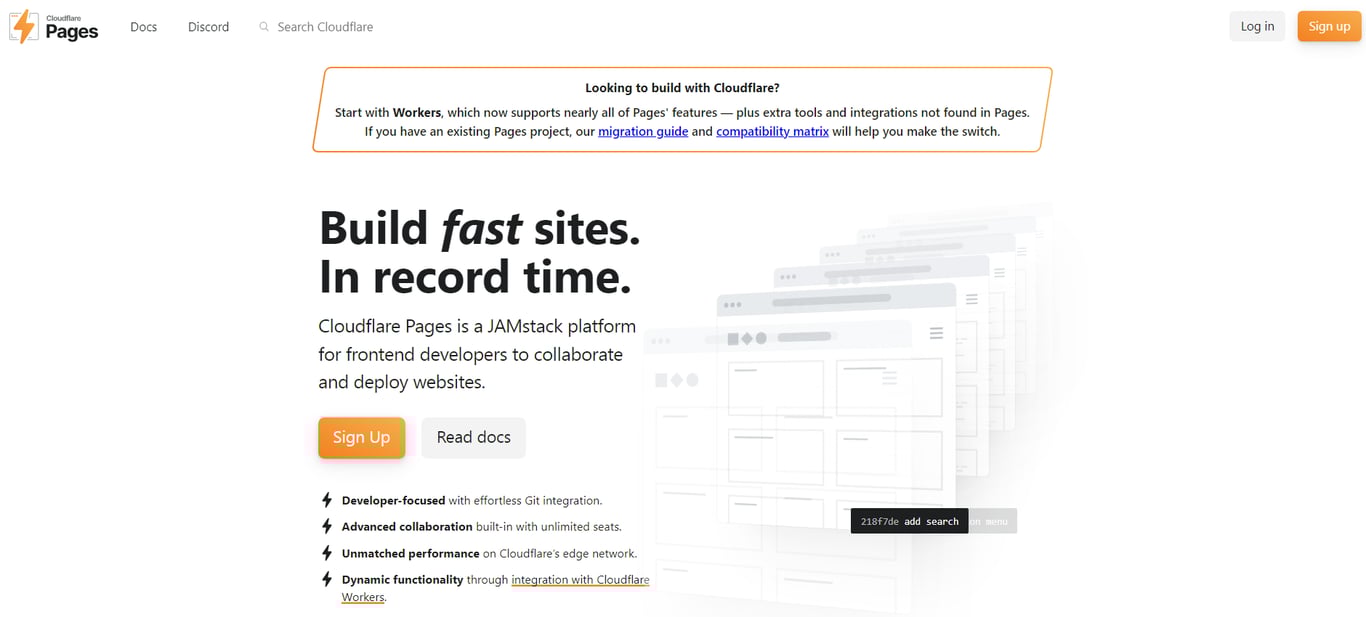 Cloudflare Pages webpage showcasing a collaboration platform for fast website building with signing up and documentation options.