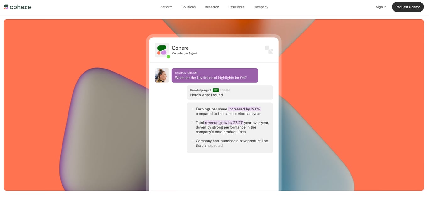 A chat interface displaying financial highlights, including earnings per share and revenue growth for the company, set against a colorful background.