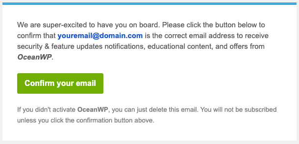 An example of a confirmation email by OceanWP