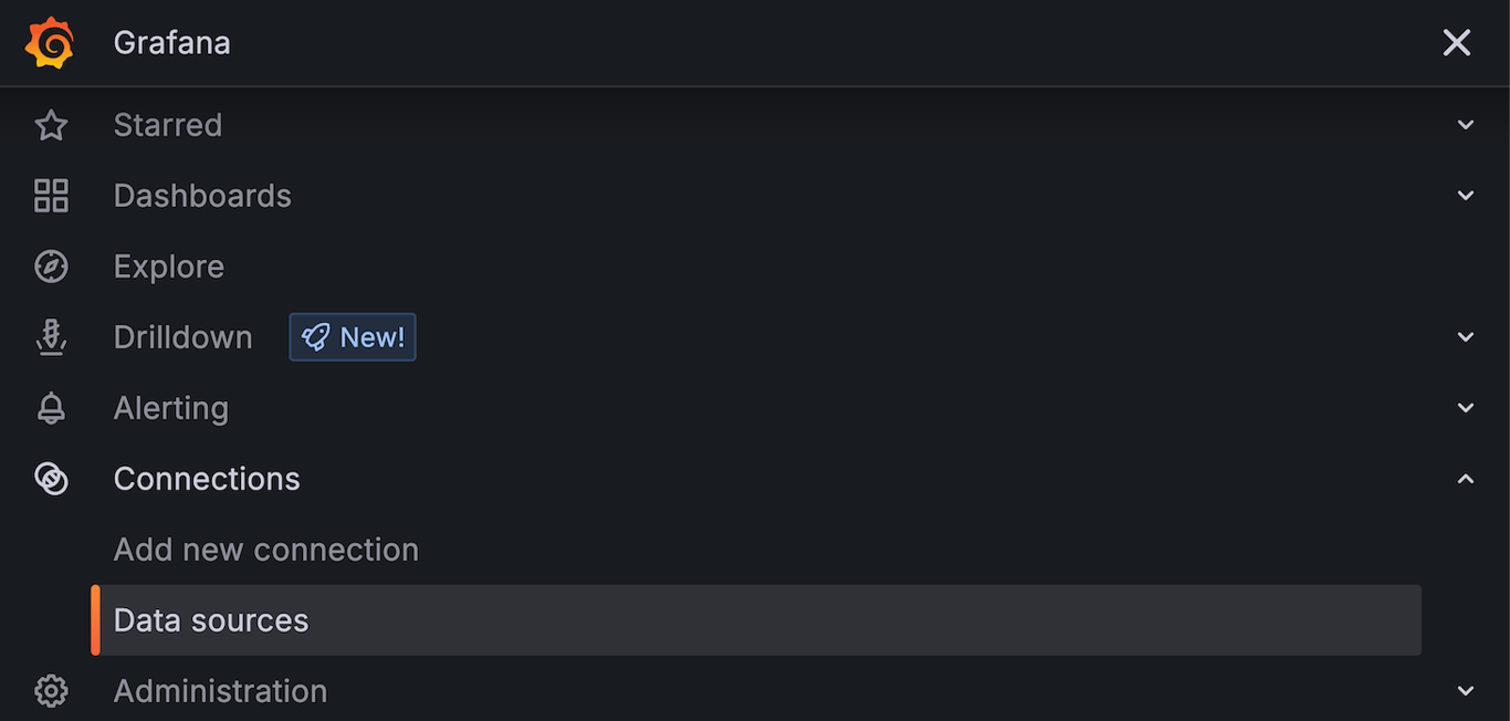 Grafana left side menu with Connections toggle open and Data sources selected