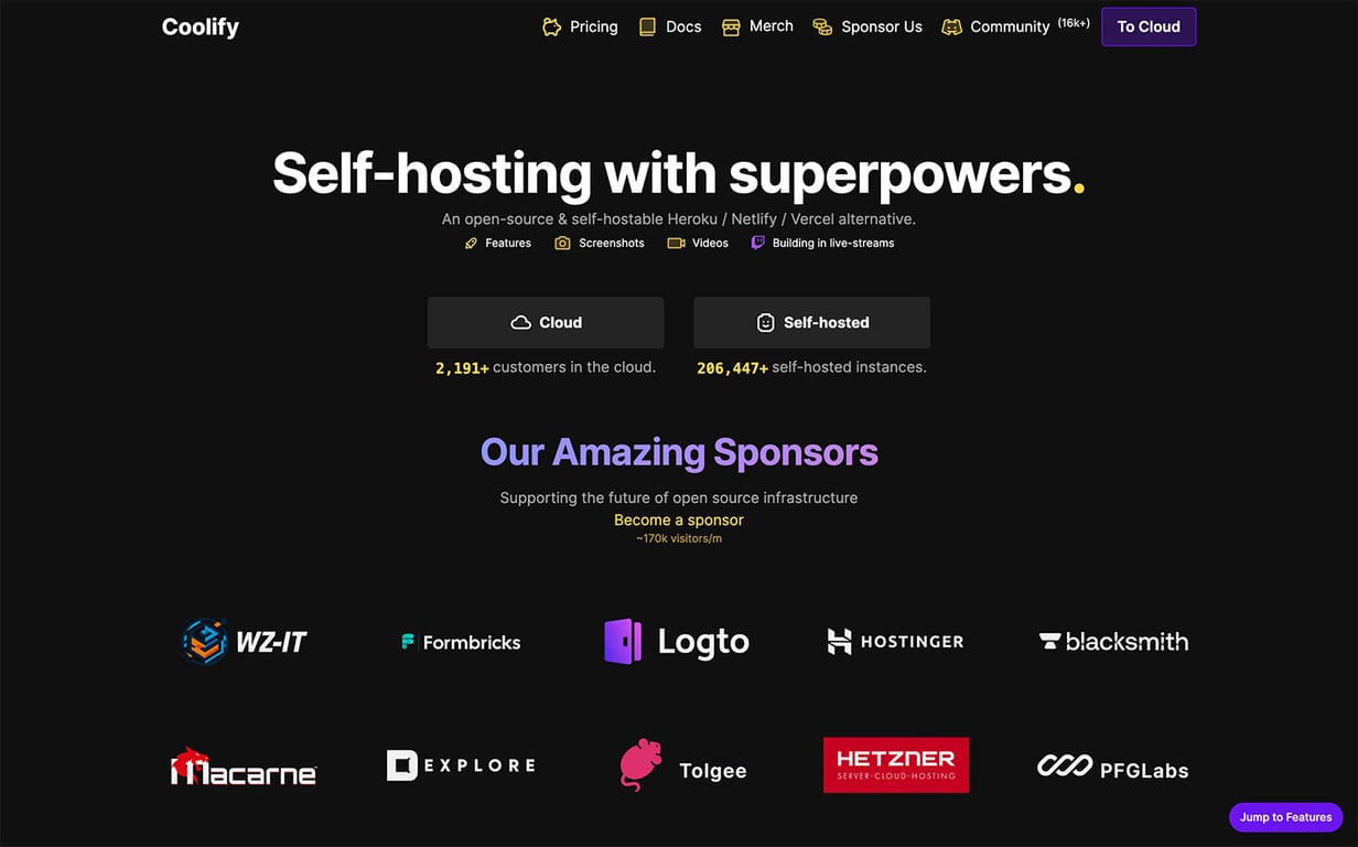 Coolify homepage with a headline positioning it as an open-source Heroku or Netlify alternative