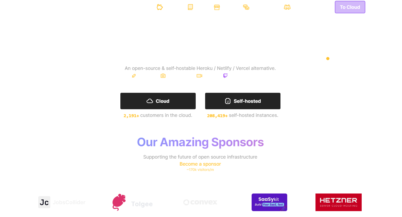 A promotional webpage for an open-source platform, featuring customer stats and sponsor logos, with options for cloud or self-hosted services.