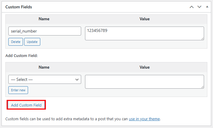 WooCommerce Custom Fields box with the Add Custom Field button highlighted
