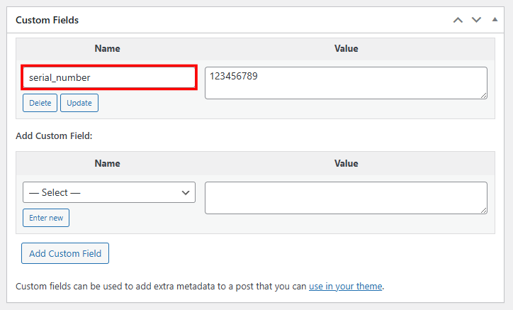 WooCommerce Custom Fields box with the Name field highlighted