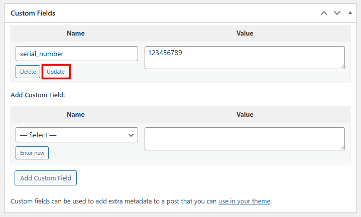 WooCommerce Custom Fields box with the Update button highlighted