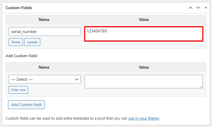WooCommerce Custom Fields box with the Value field highlighted