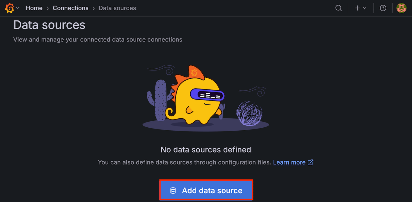 Data Sources section open in Grafana with Add data source button highlighted