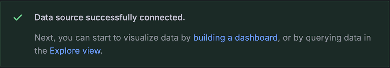 Green banner with text "Data source successfully connected"