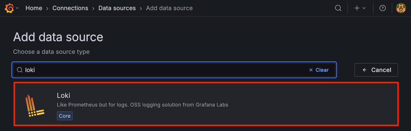 Add data source section open in Grafana with Loki highlighted