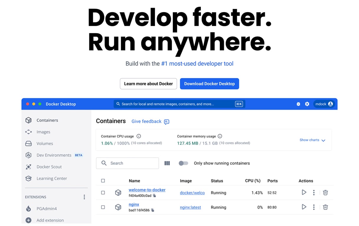 Docker homepage displaying the headline &ldquo;Develop faster. Run anywhere&rdquo; with buttons to learn more or download Docker Desktop