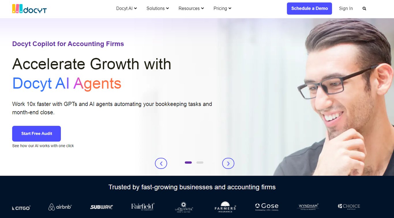 Website banner for Docyt, promoting AI Agents to streamline bookkeeping and month-end processes for accounting firms.