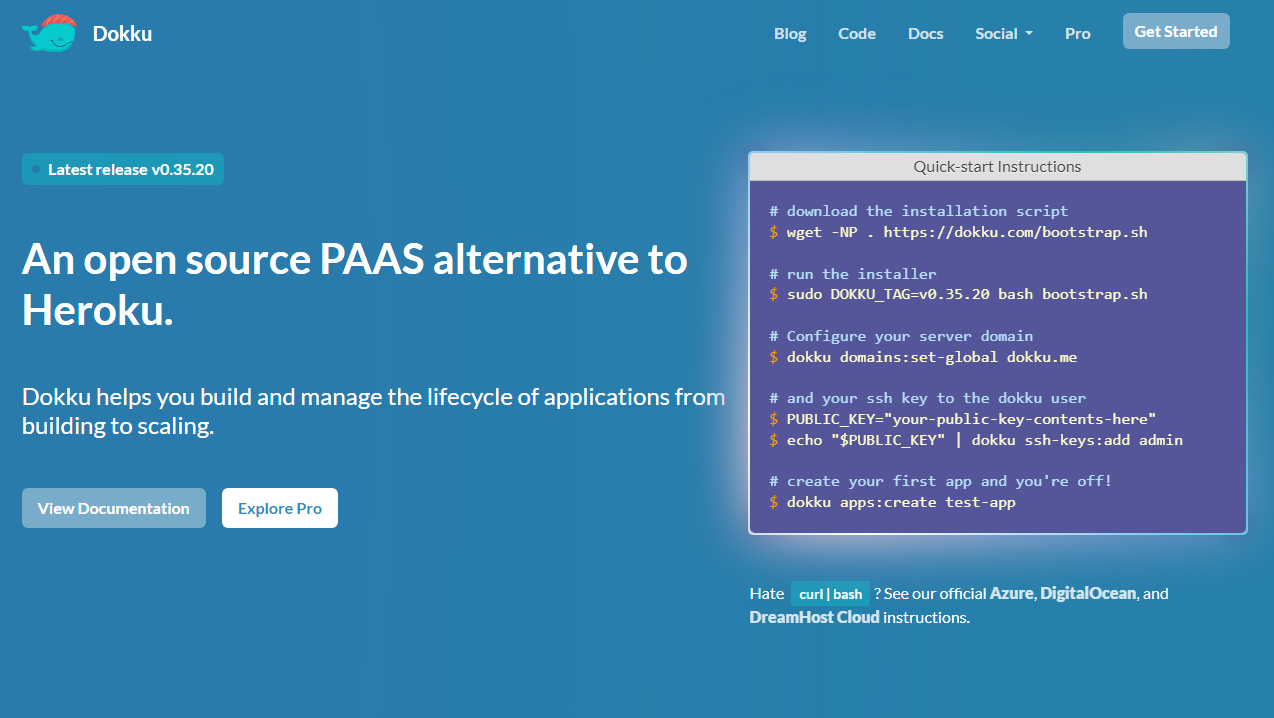 Dokku homepage, highlighting its features as a PAAS alternative, with quick-start installation instructions displayed.