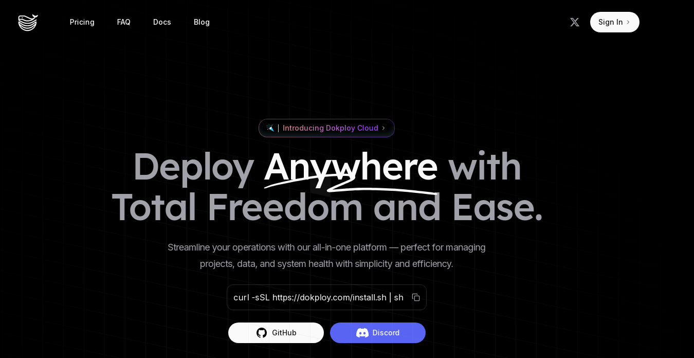 Homepage of Dokploy Cloud promoting deployment with freedom and ease, featuring a call-to-action and links to GitHub and Discord.