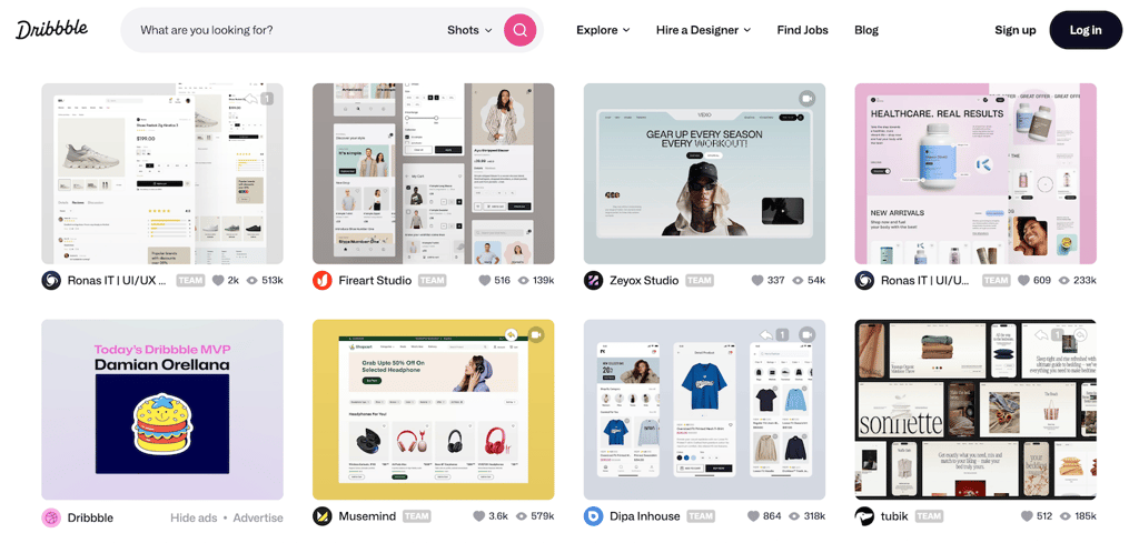 Website design examples in Dribble