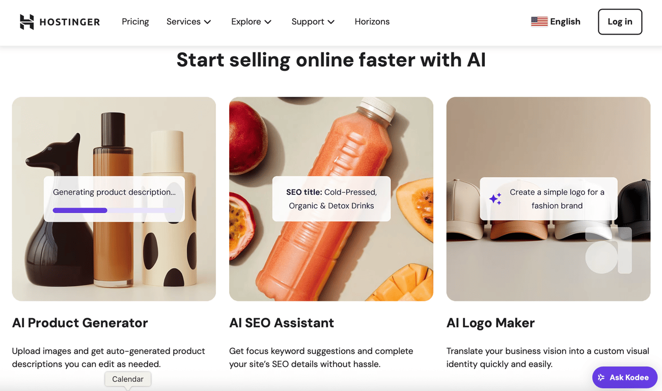 The features of Hostinger’s eCommerce Website Builder tool, highlighting some of the options a tool like this might provide.