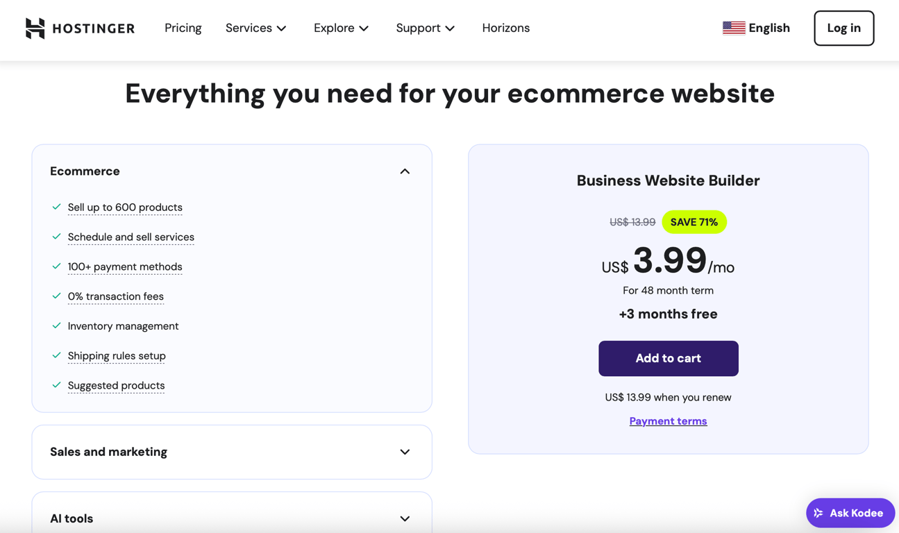 An example of SaaS pricing for Hostinger&rsquo;s Ecommerce Website Builder, showing the subscription fee, contract length, and feature. 
