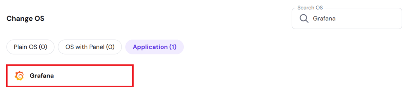 Hostinger's operating system change menu, with the pre-built Grafana template filtered out and highlighted.