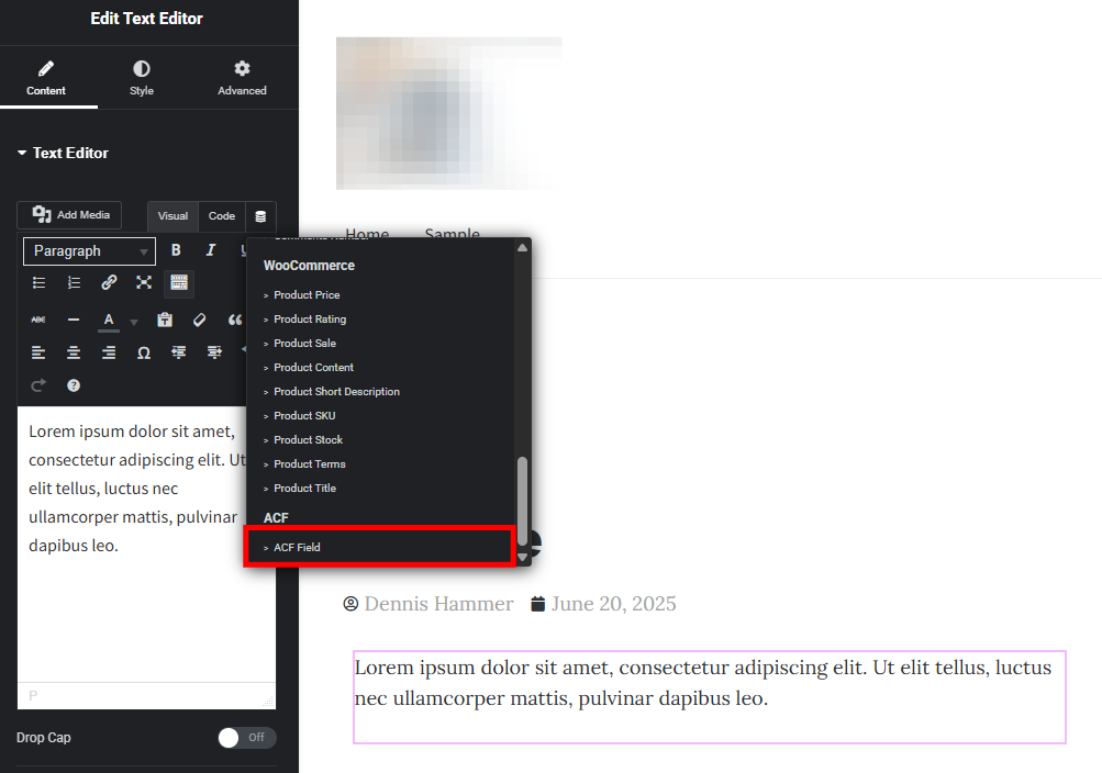 Elementor Text Widget editor with the ACF Field link highlighted