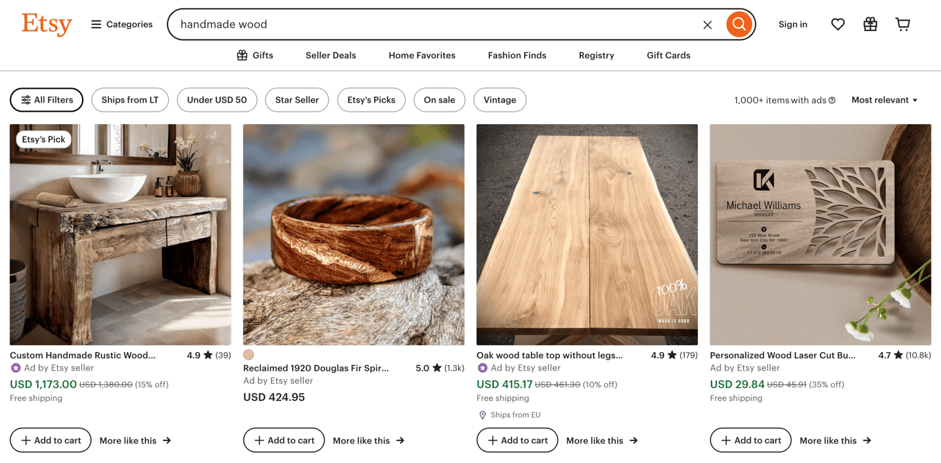 Products page of Etsy