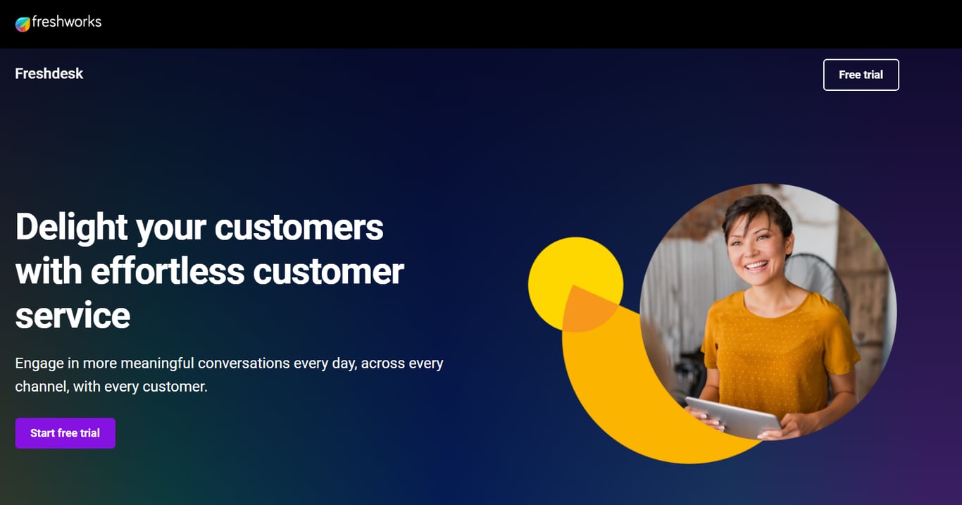 A promotional image for Freshdesk featuring a person in a yellow shirt holding a tablet, emphasizing effortless customer service.