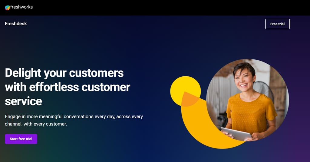 A promotional image for Freshdesk featuring a person in a yellow shirt holding a tablet, emphasizing effortless customer service.