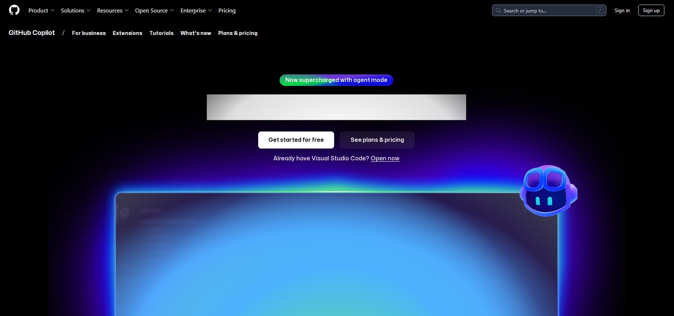 GitHub Copilot homepage showcasing "agent mode" announcement, along with buttons for starting and viewing pricing options.