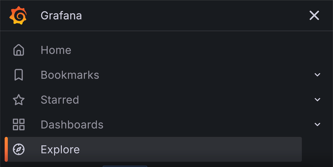 Grafana left side menu with Explore option selected