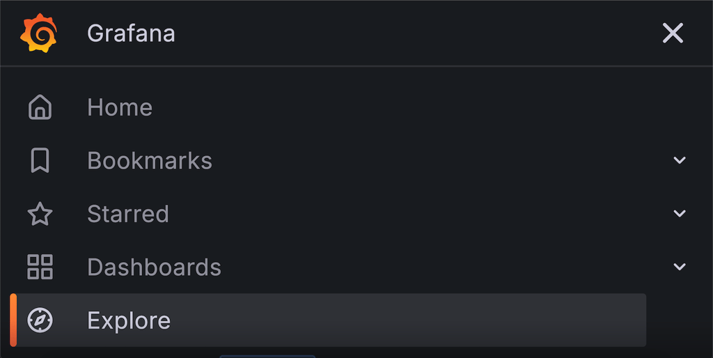 Grafana left side menu with Explore option selected