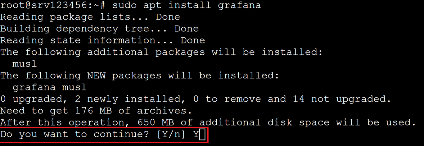 Grafana installation process prompt which informs you of the additional disk space, with the installation approval request highlighted. 